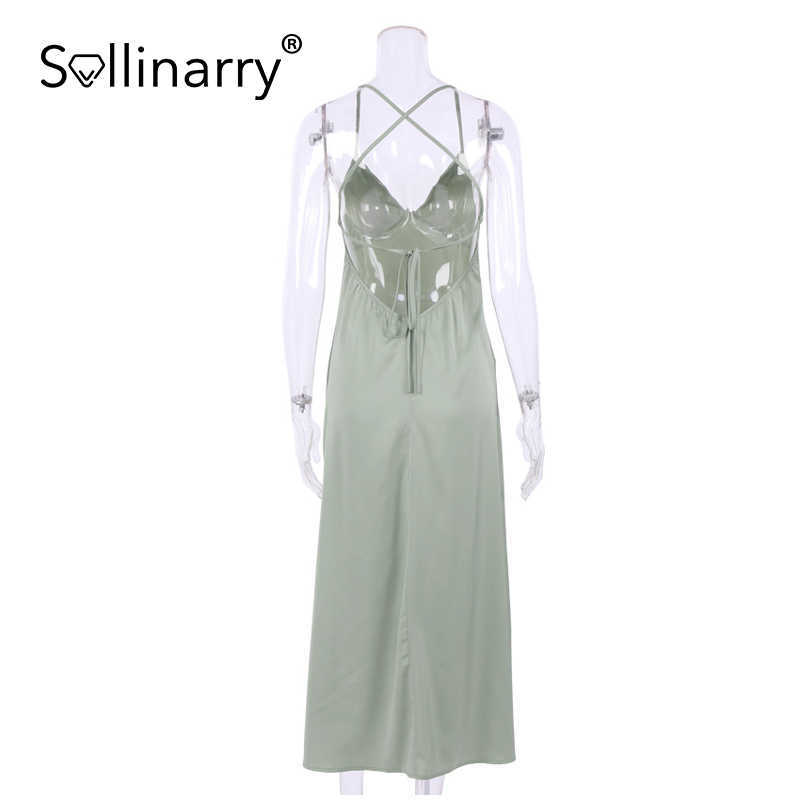 Sollinarry Elegant lady party V-neck Tuxedo slim Chic style women spaghetti split long dress summer Sexy solid dresses vintage 210709