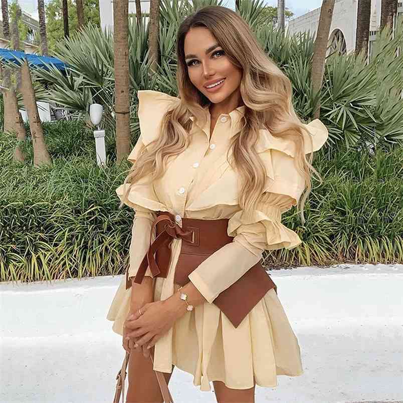 Free Sweet Dress Women's Fashion Lantern Sleeve Ruffle A-line Pleated Mini & Leather Lace-Up Girdle Vestido 210524