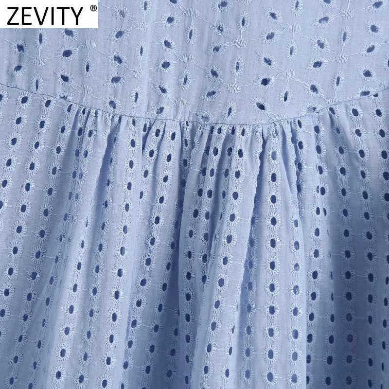 Zevity Women Vintage Hollow Out Embroidery Casual Smock Blouse Female Lantern Sleeve Button Up Shirt Roupas Chic Tops LS9355 210603