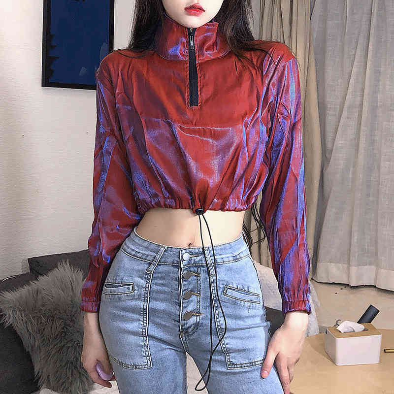 Nomikuma Korean Drawstring Cropped Hoodies Spring Zipper Stand Neck Women Sweatshirts Causal Long Sleeve Top Jumper 6F381 210427