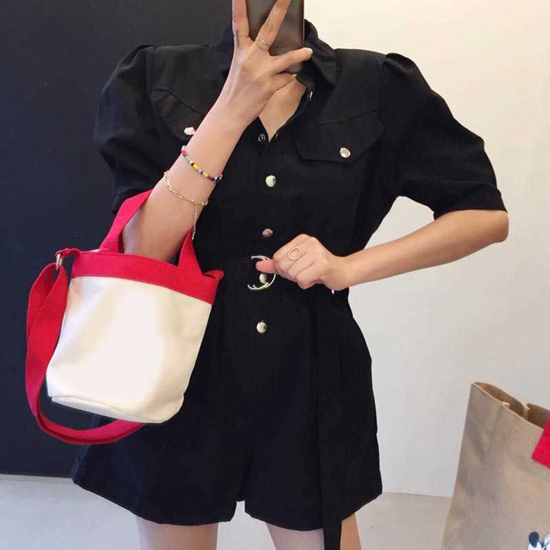 Korejpaa Women Jumpsuit Korea Chic Wild Lapel Metal Single-breasted Loose Ring Belt Multi-pocket Tooling Short Rompers 210526