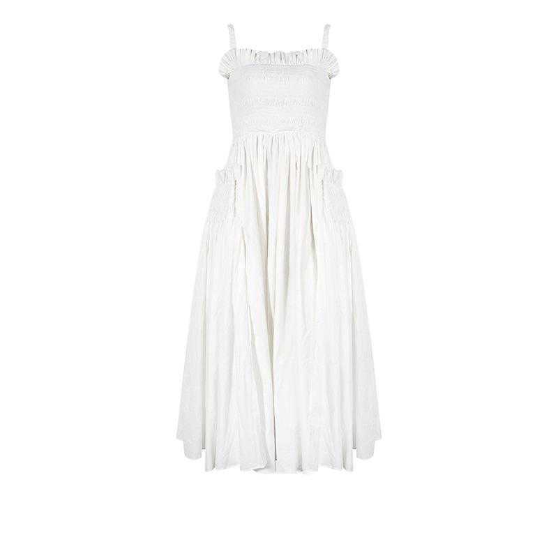 Summer Arrival Quality Sling Backless Vintage Dress Large Pendulum Pleated Ball Gown White Princess Free 210527