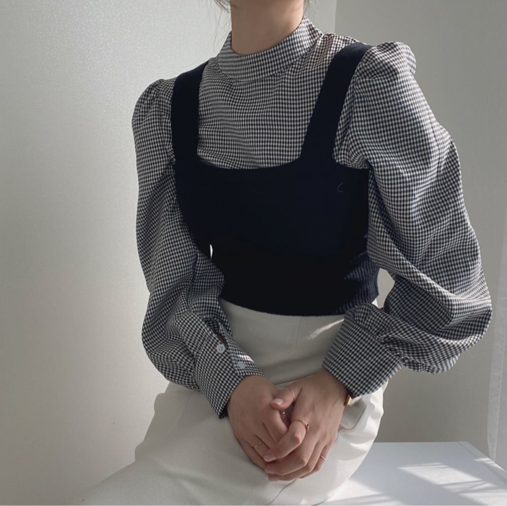 Nomikuma Korean Autumn Winter Women 2pieces Sets Puff Sleeve Stand Neck Plaid Blouse Shirt + Slim Sling Vest New Suit 6D120 210427