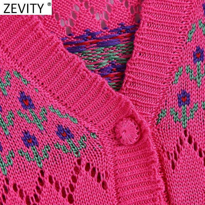 Zevity Women Fashion V Neck Floral Embroidery Hollow Out Crochet Knitted Sweater Female Chic Long Sleeve Cardigan Tops SW832 210603