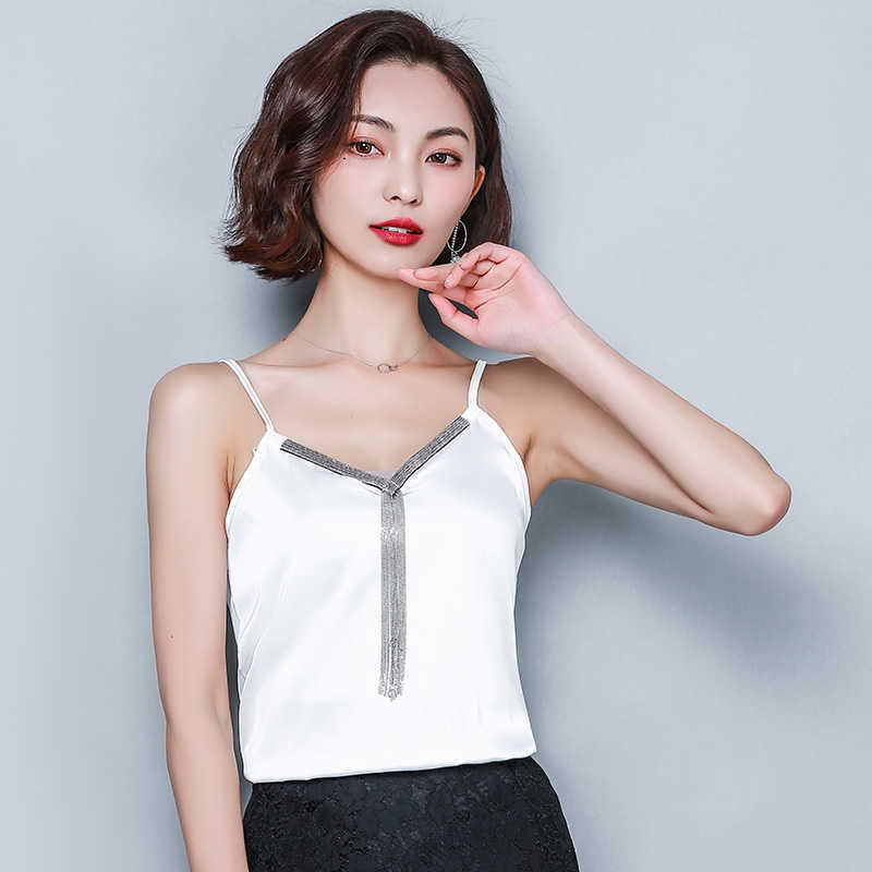 Korean Silk Women Tops Summer Woman Satin V-neck Camis Solid Tees Sleeveless Tassel Sexy Halter 210531