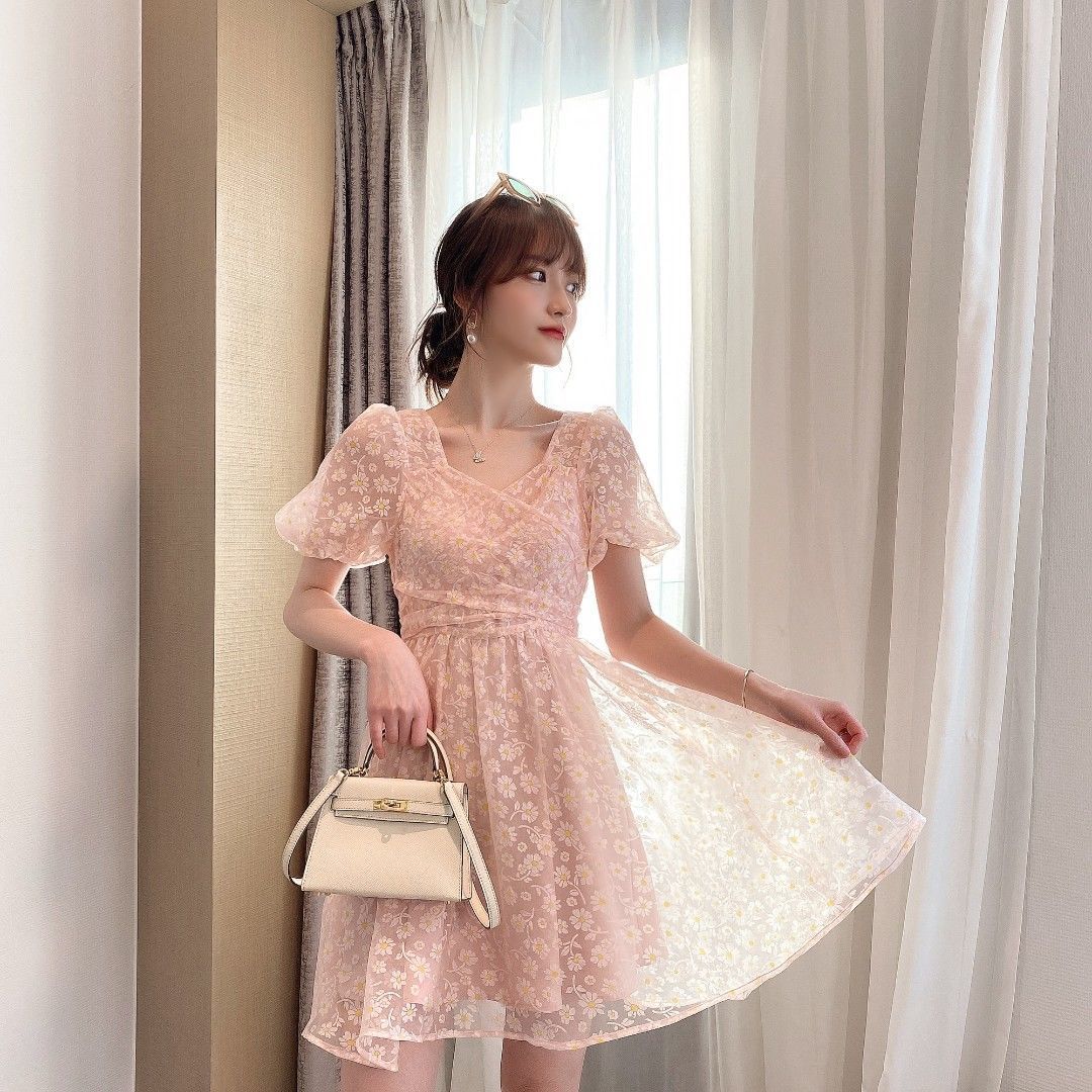 Elegant Vintate Floral Dress Women Short Sleeve Midi Dress Female Party Beach Dress Korea Office Lady Sumemr Chic 210521