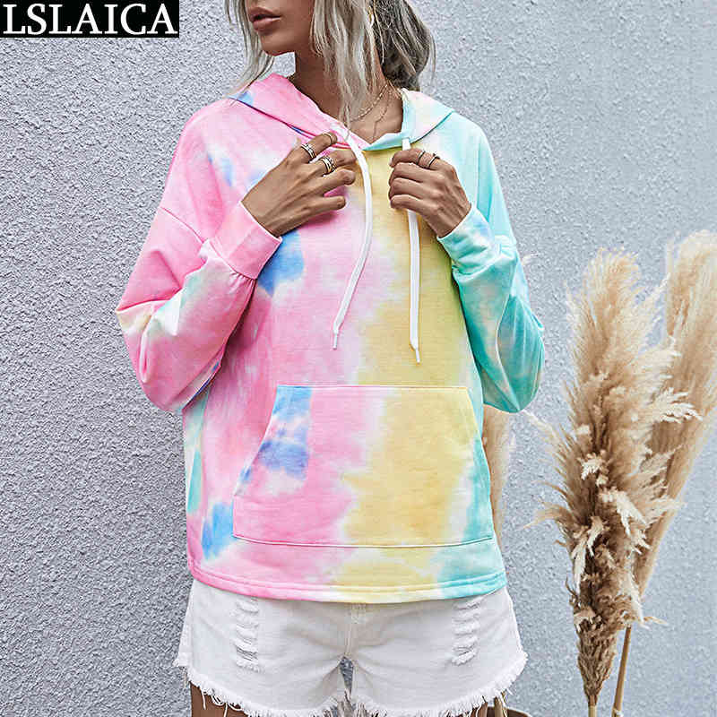 Hoodies Women Sweatshirt Casual Tie Dye Print Long Sleeve Pocket Pullovers Sweatshirts Fashion Female Clothes Loose Autumn Tops 210520