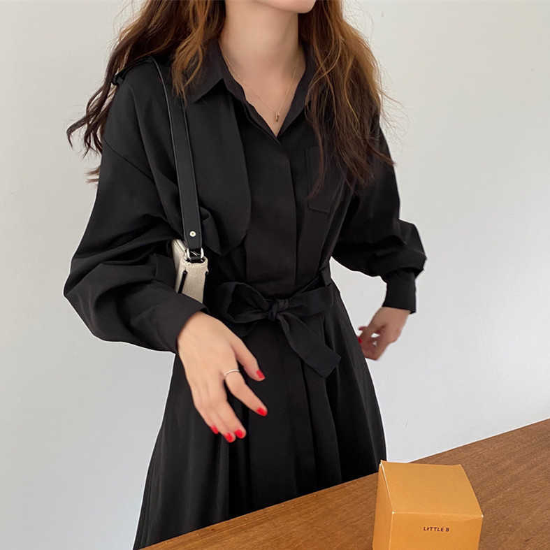Korea Style Elegant Black A Line Dress High Waist Long Women Clothing Buttons Vestidos 210615