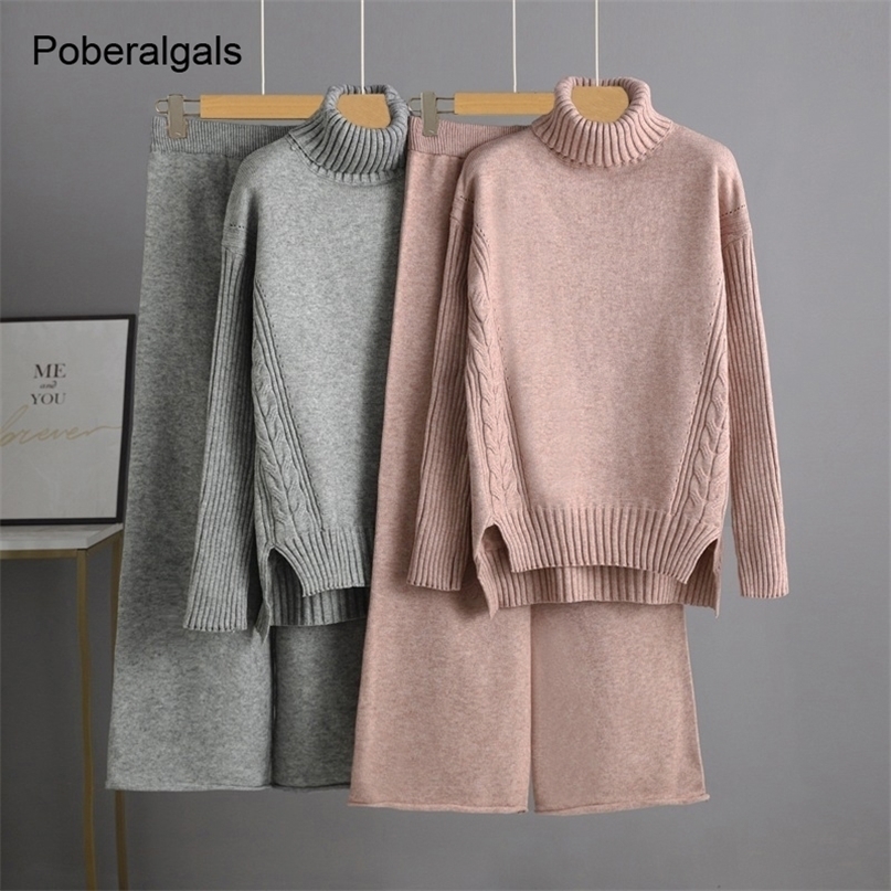 Winter Thick Women Suits two Piece Set Loose Turtleneck twist Pullover Sweaters And Long Knitted wide leg pants sets Sportsuits 220315