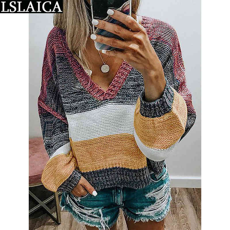 Vintage Striped Patchwork Pullovers Woman Sweaters Autumn Casual Long Sleeve V Neck Female Fashion Knitted Sweater Plus Size 210520