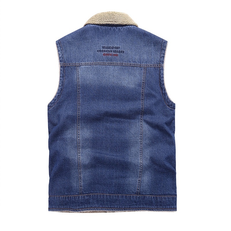 Sleeveless Bodywarmer Vest Jacket Men Winter Warm Fleece Male Casual Biker Waistcoat Cotton Many Pocket Denim Vest Outwear 210518