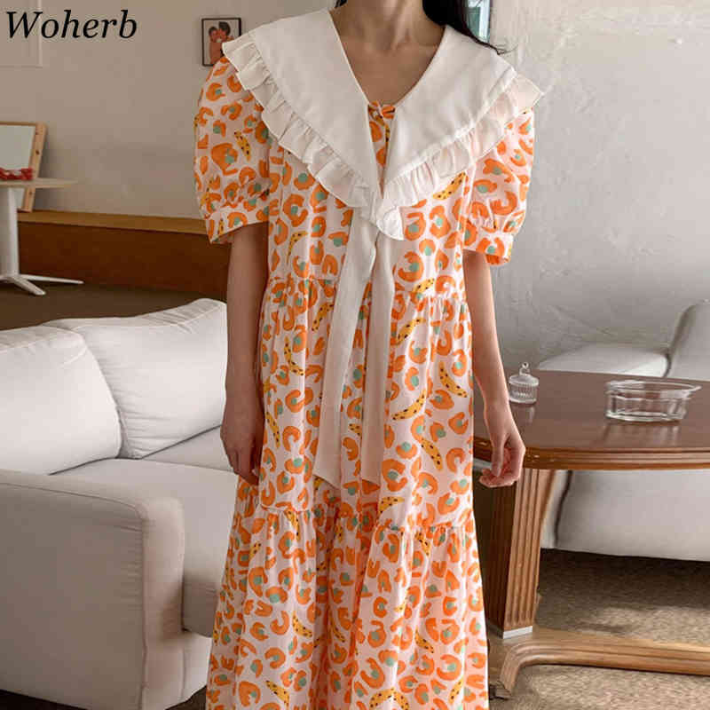 Women Floral Print Dress Korean Fashion Chic Puff Short Sleeve Tie Turn Down Collar Dresses Ladies Elegant Cute Robe 210519