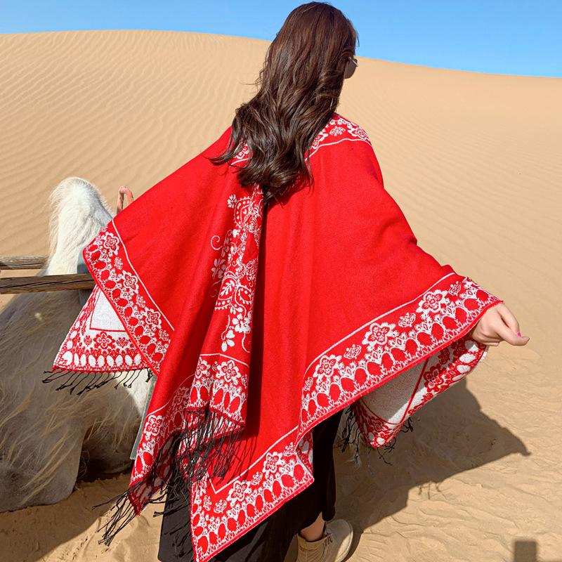 

New Fashion Scarves OUOI Shawl Scarf Dual-use Thickened Warmth Female Imitation Cashmere Travel Cloak For Autumn And Winter Poncho Head