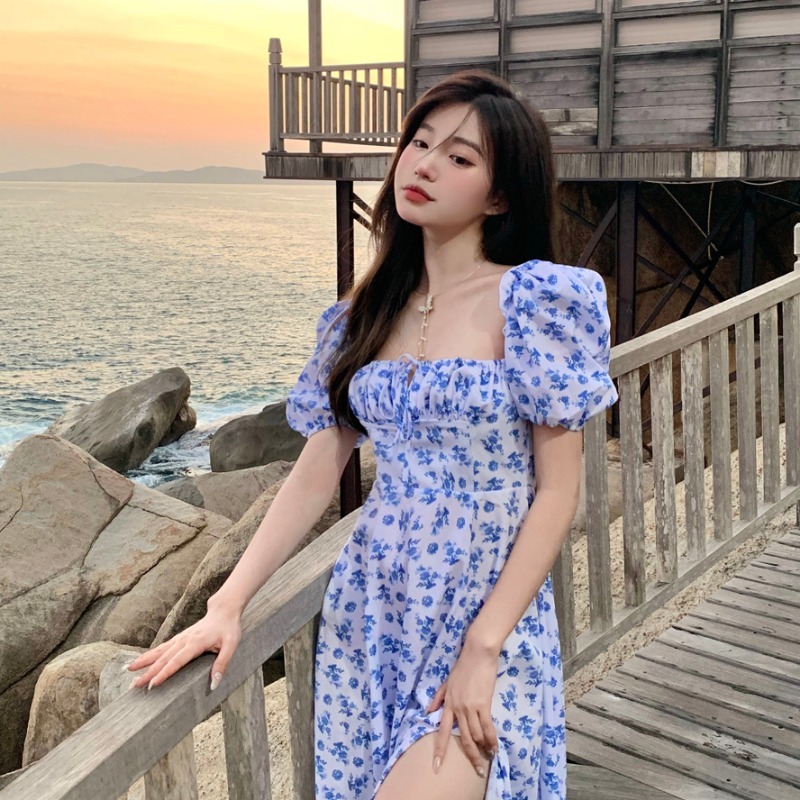 Summer Dress Puff Sleeve Elegant Vintage Sexy Square Collar Floral Dress Beach Evening Party Casual Dress Korea 210521