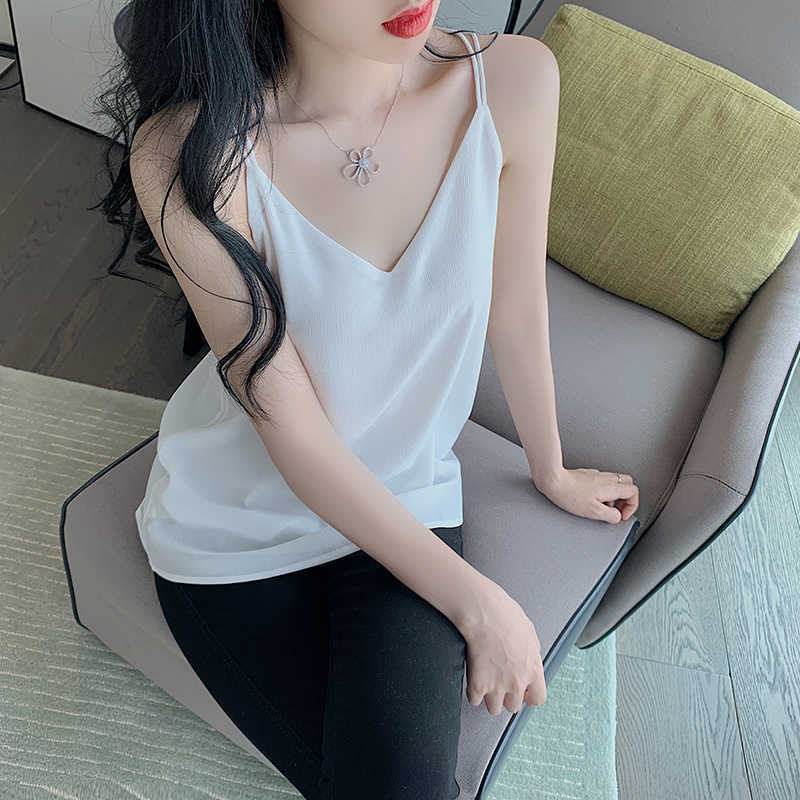 Summer Korean Fashion Chiffon Tank Top Women Solid Sleeveless Spaghetti Strap Plus Size XXL Black s for 210531
