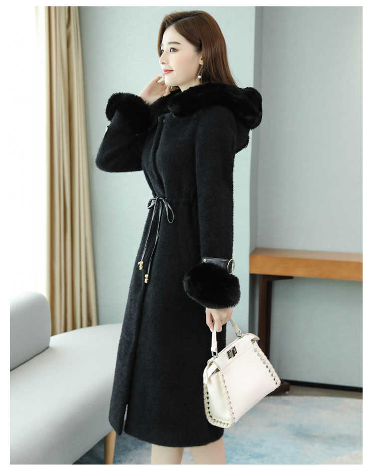 Office Ladies Winter Outerwear Long Faux Coat Women Maxi Overcoat Fur Collar Hoody Drawstring BUR122909 210915