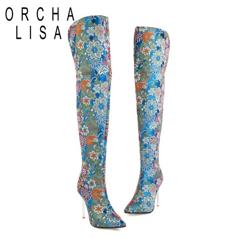 Boots ORCHALISA Botki Damskie Winter Long Luxury Plus Size 34-43 Womens Pointed Toe Over The Knee High Heel Shoes Warm F1531