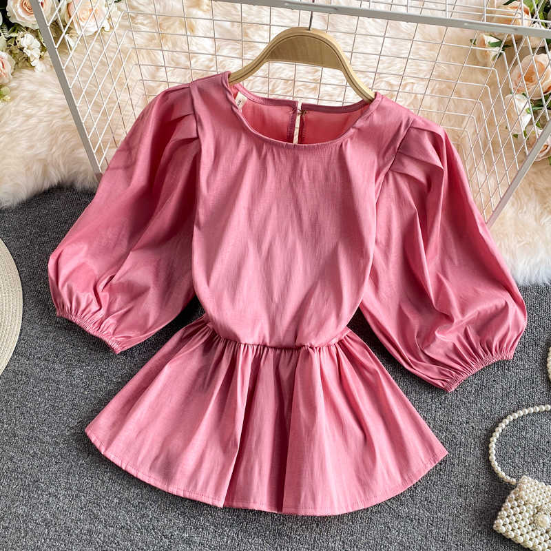 Sweet Slim Waist Ruffle Blouse Women Korean Puff Sleeve O-neck Shirt Summer Solid Blusas Mujer De Moda 6G994 210603