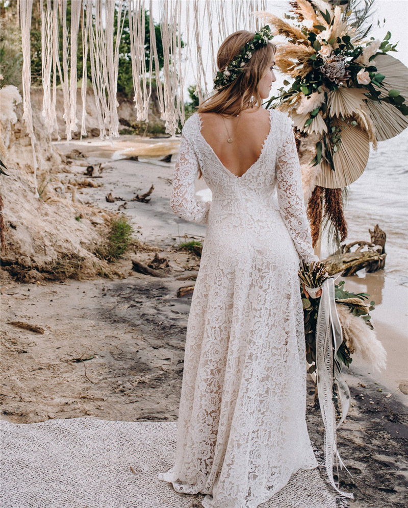 Boho Lace Wedding Dresses For Women Bride 2021 Long Sleeve Backless A-Line Bohemian Bridal Gowns Marriage Dress Vestido De Noiva 0431