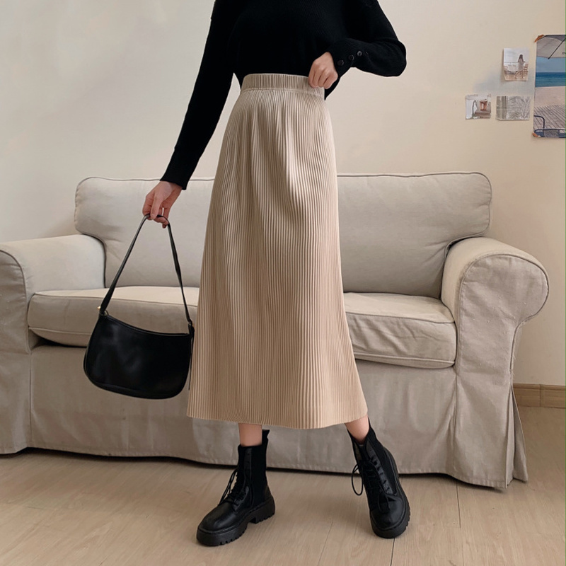Women Solid Pleated Skirts Autumn Winter Elastic High Wasit Casual Mid-calf Skirt Long Faldas Largas Mujer Dropshiping 210514