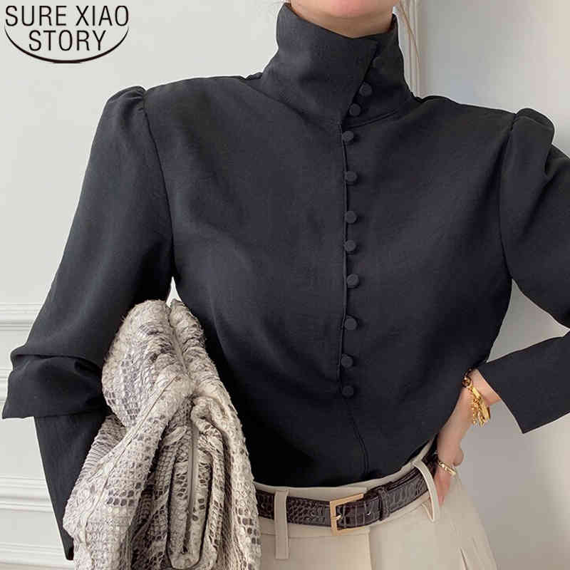 Turtleneck Lantern Sleeve Shirts for Women Elegant Black Blouse Office Lady Fashion Button Solid Female Clothing 12882 210506