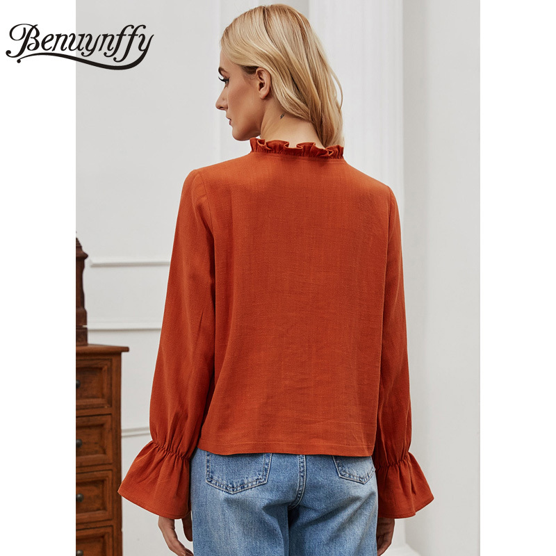Frill Neck Pleat Front Cotton Linen Blouse Women Spring Flounce Long Sleeve Solid Casual Ladies Tops And Blouses 210510