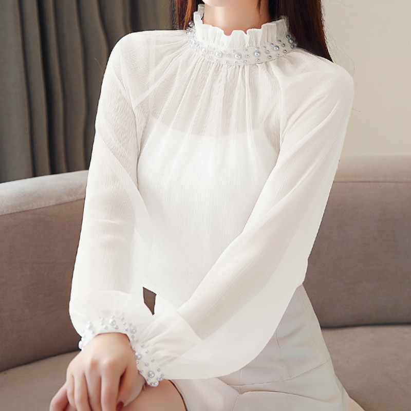 Spring Chiffon Blouse Lace Bottom Womens Tops and Blouses Female Clothes Beading Women Long Sleeve Shirts 1807 50 210518