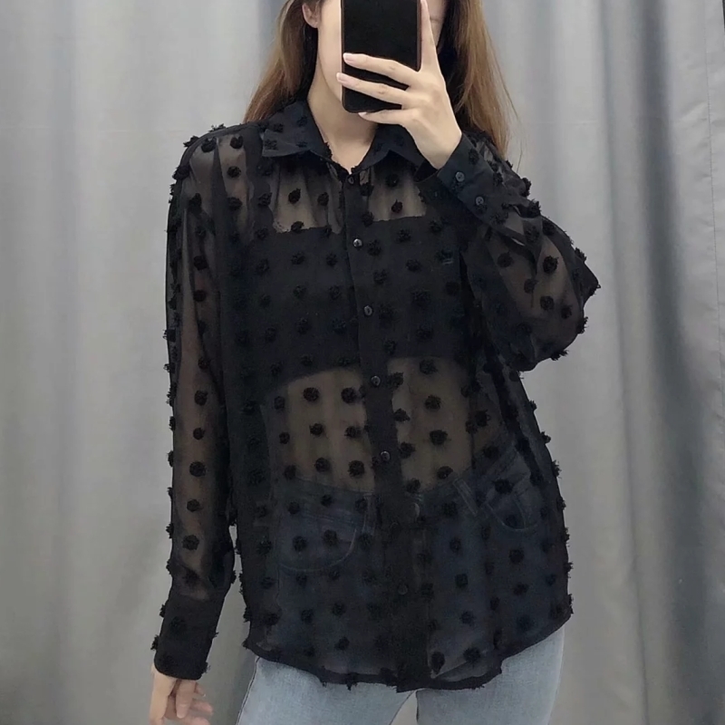 Dot Flocking Chiffon Women Long Sleeve Shirt Casual Female White Blouse Loose Tops Blusas Mujer S5781 210430