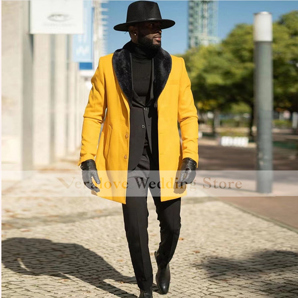 Veralove Yellow Shawl Lapel One Button Groom Tuxedos Wedding Prom Suit for Men Set Custom Made Winter Men Coat(Jacket+Pants)