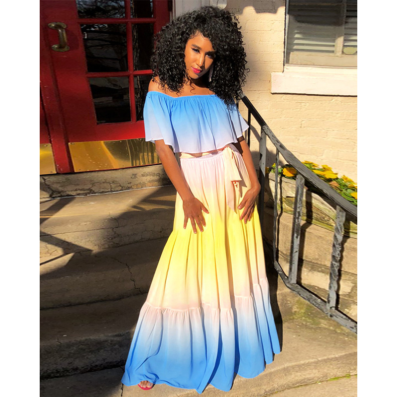 Women Dress Slash Neck Bandage Color Matching Bohemian Dresses For Plus Size Sexy Off Shoulder Long 210513