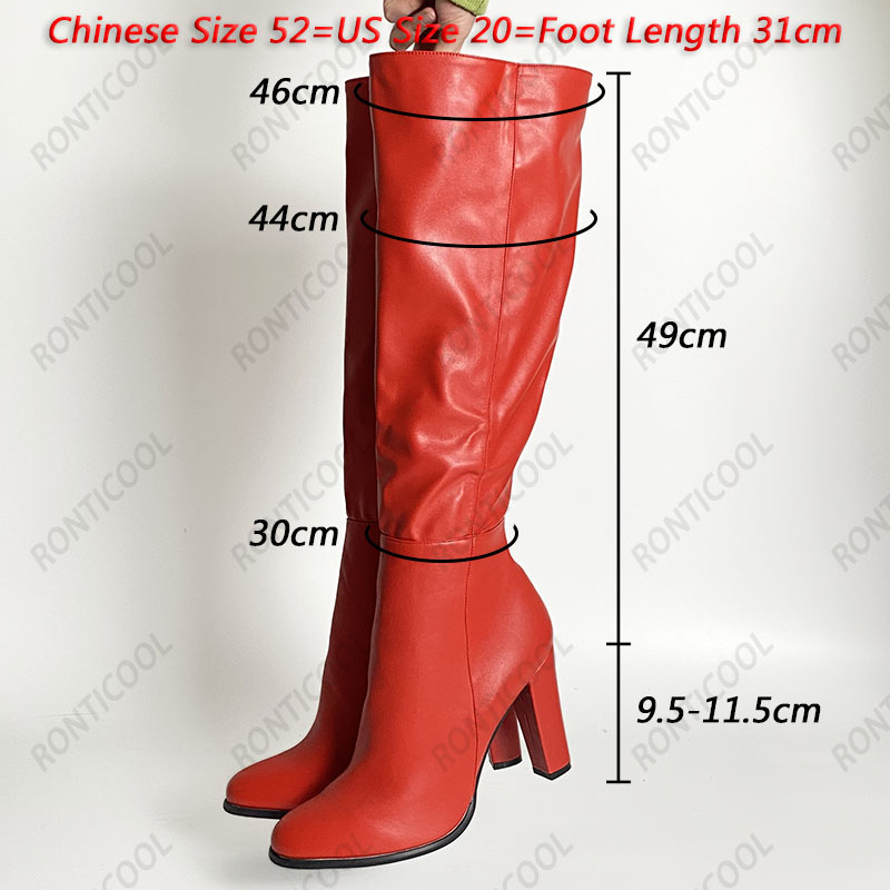 Rontic High Quality Handmade Women Winter Knee Boots Side Zipper Chunky Heels Round Toe Black Dress Shoes Plus US Size 5-20
