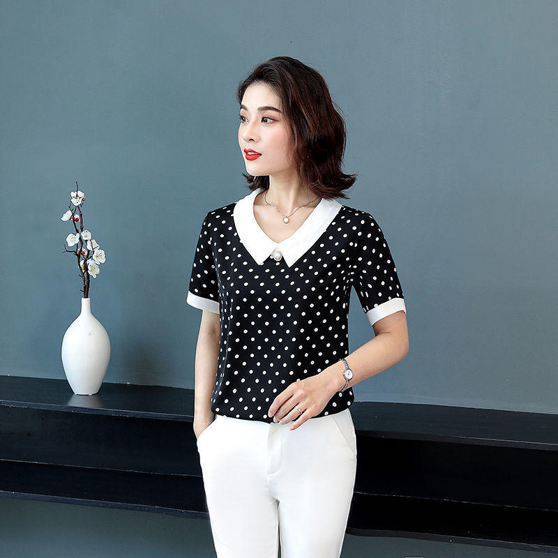 Women's Spring Summer Style Chiffon Blouses Shirts Women's Elegant Peter pan Collar Polka Dot Short Sleeve Casual Tops SP605 210317