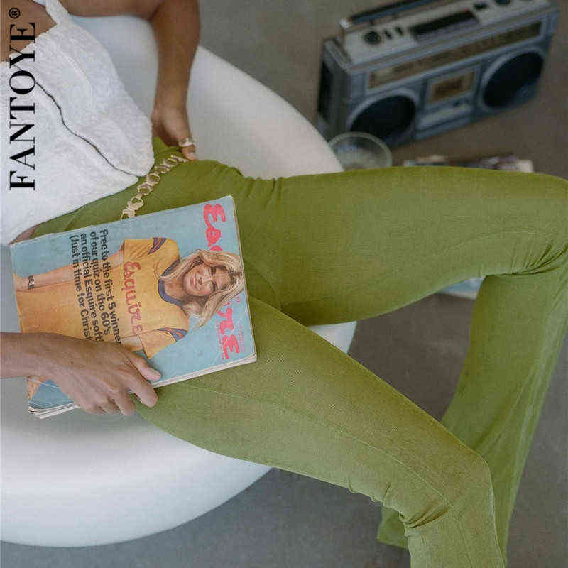 Fantoye Spring High Waist Flare Stretch Pants For Women Fashion Green Slim Long Trouser Streetwear Casual Solid Woman 211115
