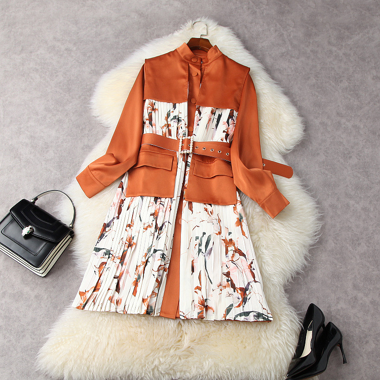 European and American women's clothing spring 2021 new Long sleeve collar Patchwork print pleated fashion belt dress, Black;gray
European and American women's clothing spring 2021 new Long sleeve collar Patchwork print pleated fashion belt dress, Black;gray