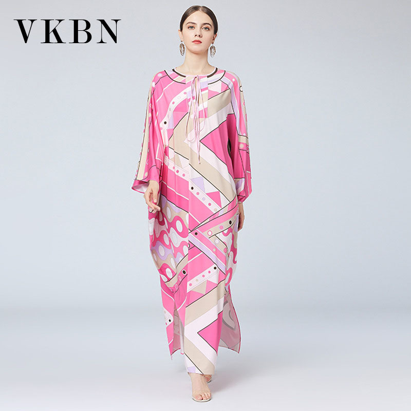 VKBN Autumn Dress Women Up Large Size Loose Batwing Sleeve O-Neck Office Lady Dresses for Women Party Fashion 210507