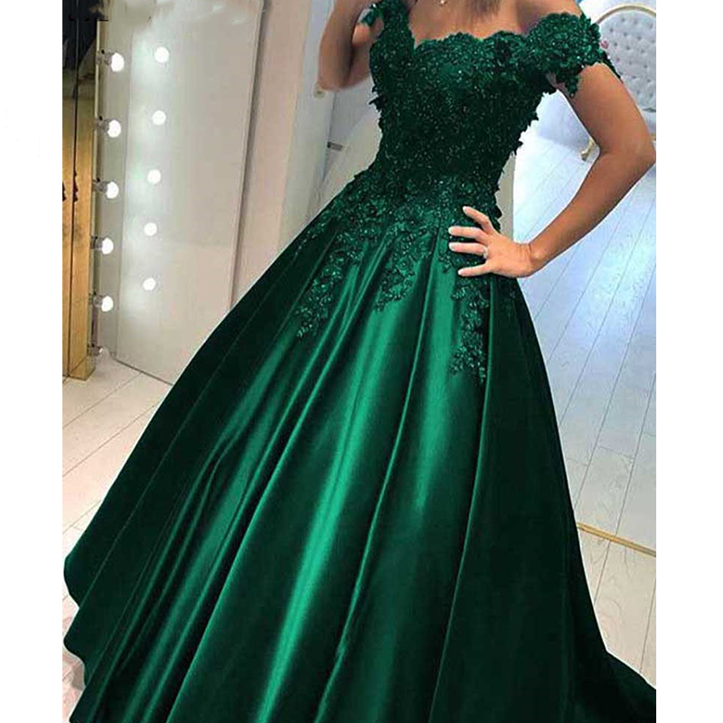 Vintage Dark Green Formal Evening Dresses Off Shoulder 2022 A Line Arabic Dubai Prom Party Gowns Short Sleeve Plus Size Turkey Muslim Special Occasion