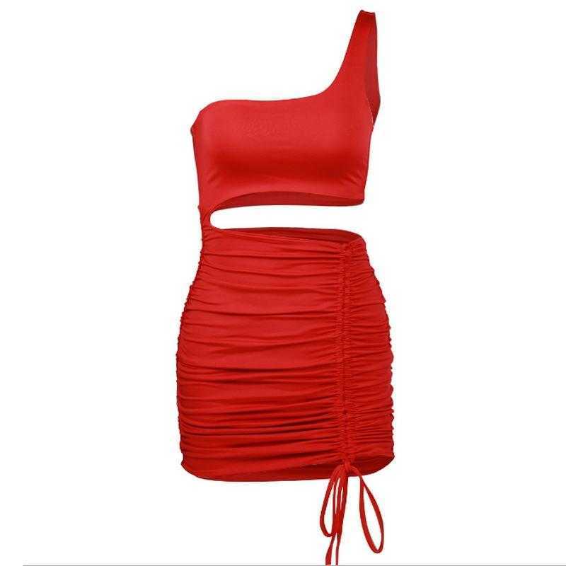DEAT Summer One Shoulder Sexy Bodycon Women Hollow Out Ruched Backless Bandage Short Mini Dress MI619 210709