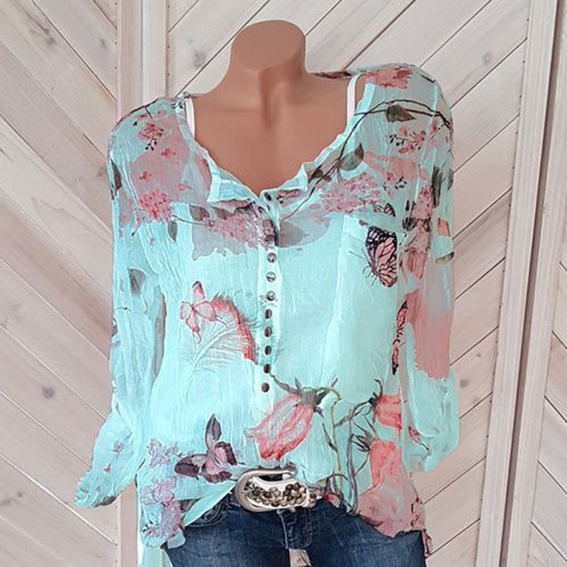 Sexy V Neck Button Chiffon Shirt Autumn Spring Blouses Women Plus Size 5XL Tops Sweet Long Sleeve Blouse Vintage Printed Shirts 210317