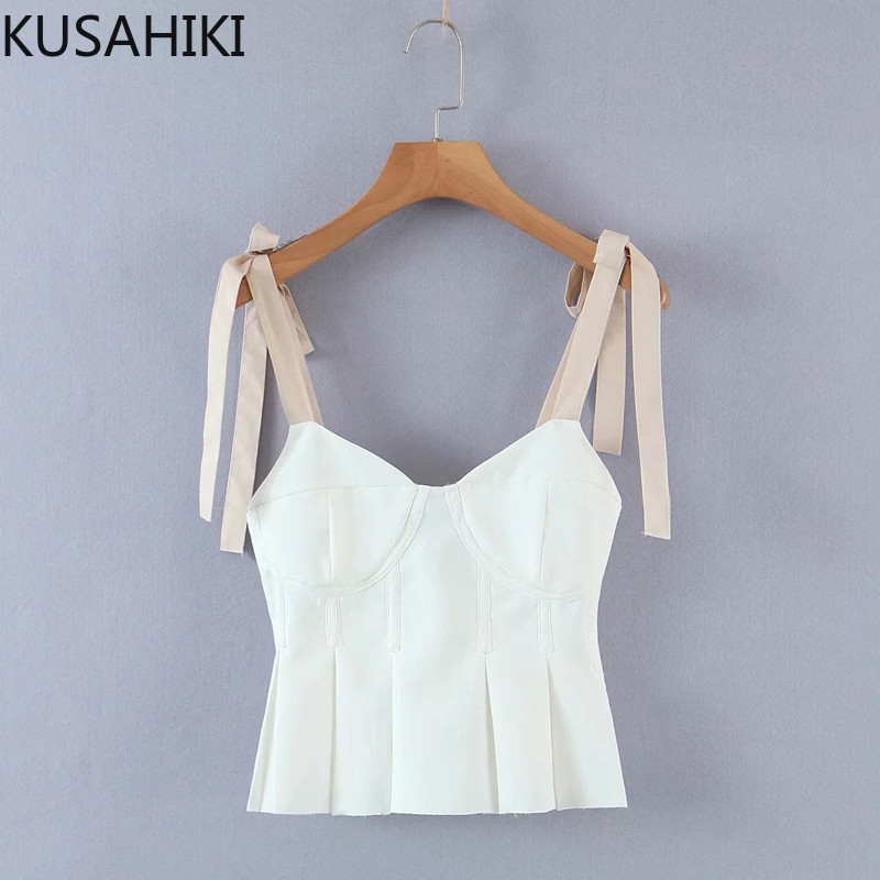 Nomikuma Spring Summer Bow Tie Sling Vest Korean Pleated Slim Waist Ruffle Women Tanks Tops Causal Short Camis Femme 6F079 210427