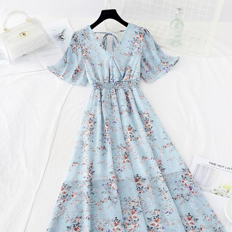 Summer Dress Women Short Sleeve Ruffled Chiffon Dresses Elegant Vestidos Sexy V-neck Floral Print Beach Midi Dress 210521