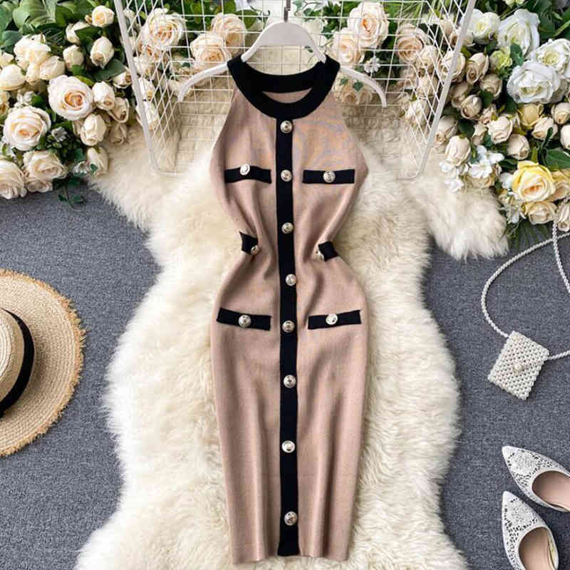 Fashion Knitted Dress Women Sleeveless Vintage Bodycon Dresses Single-breasted Knit Elegant Knee Length Vestido Summer Robe 210521