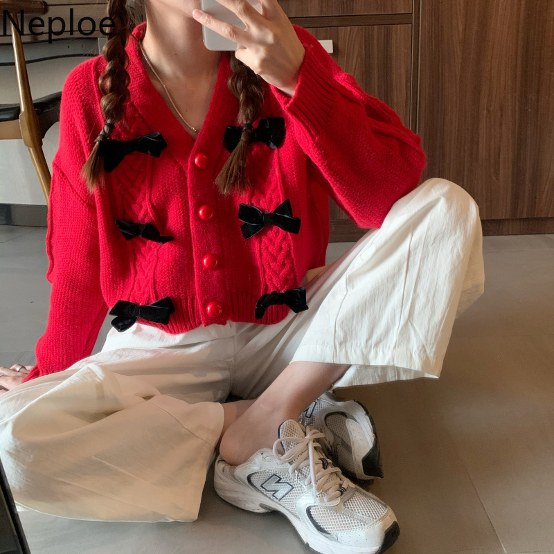 Neploe Woman Sweaters Chic Sweet Bow Knitted Cropped Cardigan Spring Colthes Loose V-neck Long Sleeve Sueter Coat Femme 210422