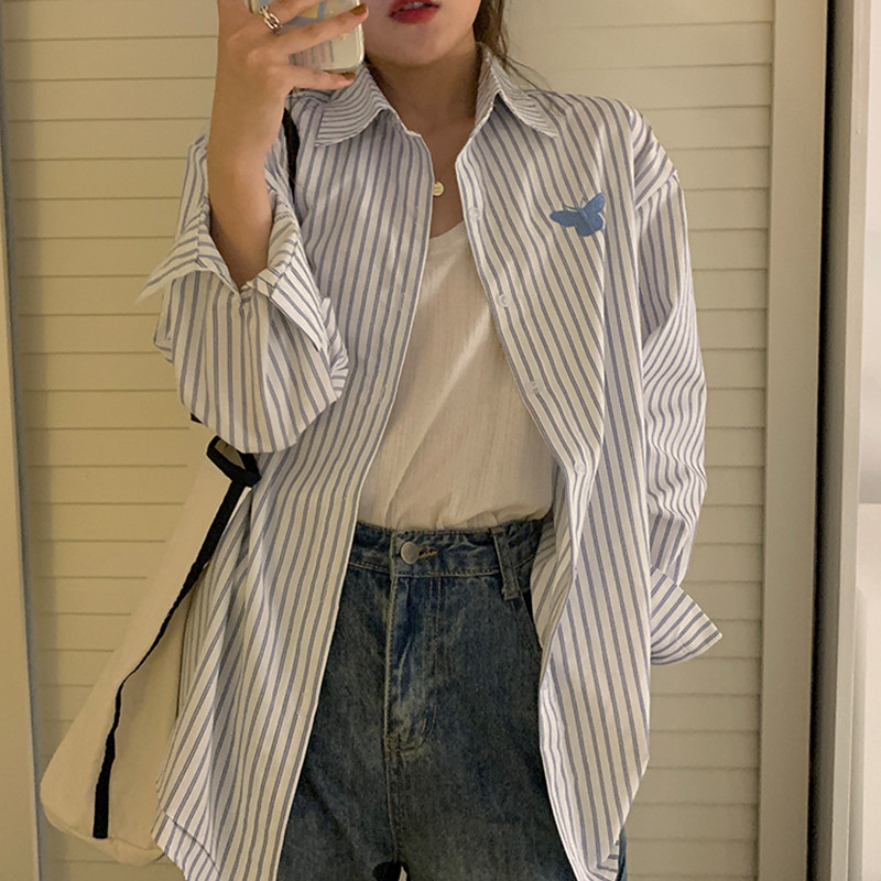 cotton shirt korean style butterfly embroidery stripe long sleeve blouse women loose sun protection tops 2021 (F4047), White
cotton shirt korean style butterfly embroidery stripe long sleeve blouse women loose sun protection tops 2021 (F4047), White