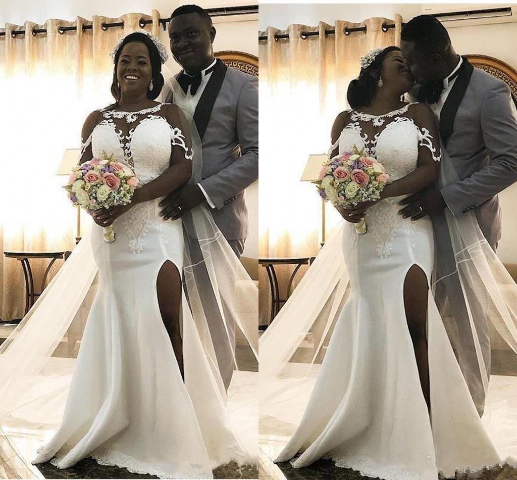 Wedding African Mermaid Dresses Bridal Gown Long Sleeves Satin Side Slit Lace Applique 2021 Floor Length Custom Made Scoop Neck Plus Size Vestido De N