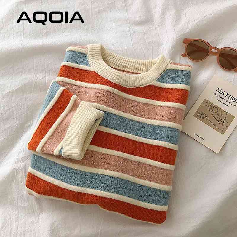 Winter Korean Style Women Stripe Sweater Autumn Loose Long Sleeve Pullover Tops Ladies Knitted Patchwork Sweaters 210521