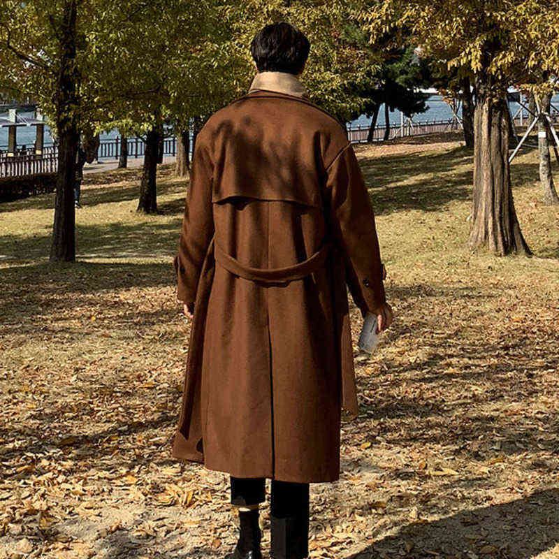 IEFB Autumn Winter Woolen Coat Men's Korean Trend Medium Long Loose Long Coats Handsome Over Knee Woolen Coat With Belt 9Y9566 211122