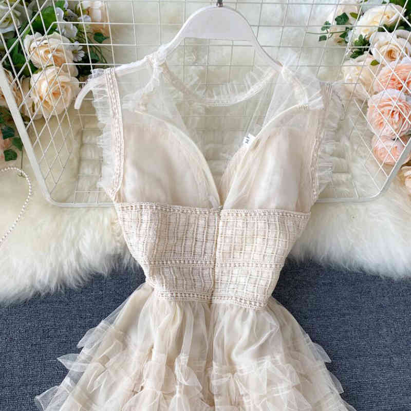 Elegant Summer Dress Women O Neck Sleeveless Midi Female Solid Color Sweet Mesh Dresses A-line Ruffles Cake Dress Vestidos 210521