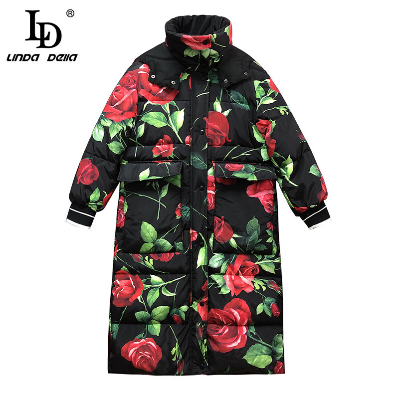 Autumn Winter 90% White Down jacket Women's Warm Coats Outerwear Elegant Rose Floral Print Hooded Overcoat 210522