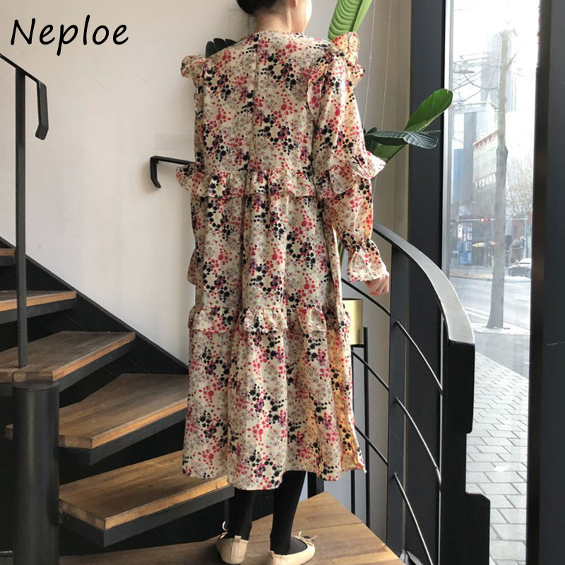 O Neck Flare Long Sleeve Loose Dress Women High Waist Hip A Line Vestidos Vintage Print Spring Robe 210422