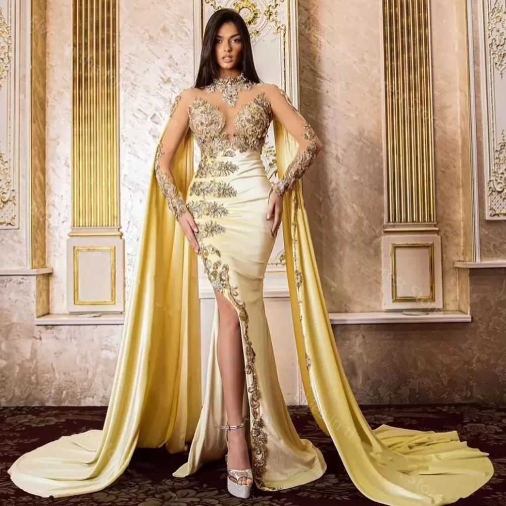 2022 Gold Mermaid Evening Dresses Appliques Beads Prom Gowns With Shawls Long Sleeves Formal Party High Split Event Robe De Soiree, Black;red
2022 Gold Mermaid Evening Dresses Appliques Beads Prom Gowns With Shawls Long Sleeves Formal Party High Split Event Robe De Soiree, Black;red